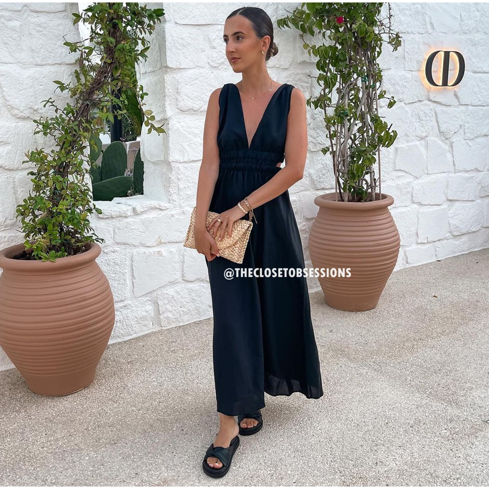 ZARA Black Linen Blend Maxi Dress NWT V Neck Resort Vacation Dress M - Picture 2 of 16